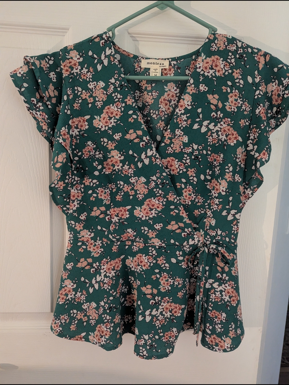 Monteau Green Floral Wrap Peplum Top
